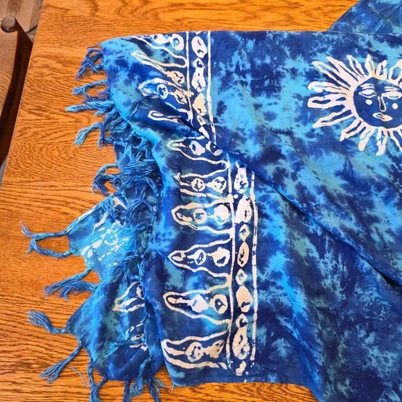 Vintage Boho Sun Tie Dye Sarong Scarf Beach Cover Up Blue Damage Resort Cruise - Picture 5 of 7